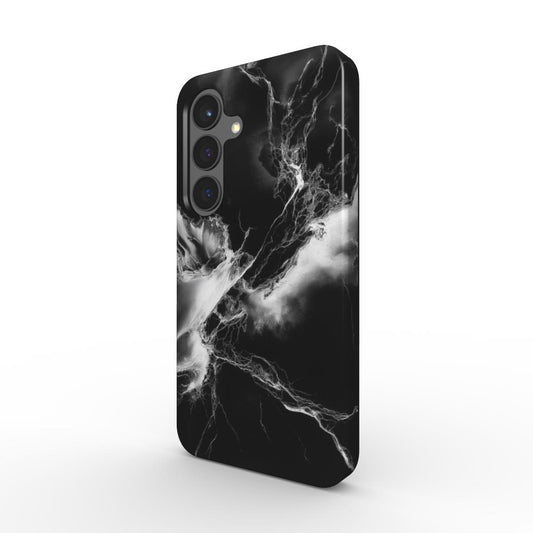 Stoßfeste Handyhülle mit schwarzem Marmor-Design, robuste Schutzhülle mit PC+TPU Aufbau, Seitenperspektive