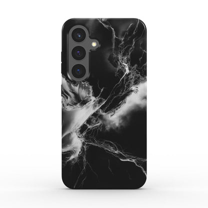 Rückansicht der stoßfesten Handyhülle mit Marmorstruktur in Schwarz-Weiß, passend für viele Smartphone-Modelle