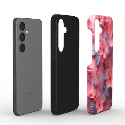 Explosionsansicht der stoßfesten Handyhülle mit rosa Blütendesign und Doppelschichtsystem