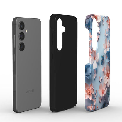 Dreiteilige Darstellung der stoßfesten Blumen-Schmetterling-Handyhülle mit TPU-Innenschicht und harter Außenschale.