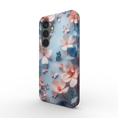 Stoßfeste Handyhülle mit hellblauem Blumen-Schmetterling-Design in 3D-Optik – Seitenansicht.