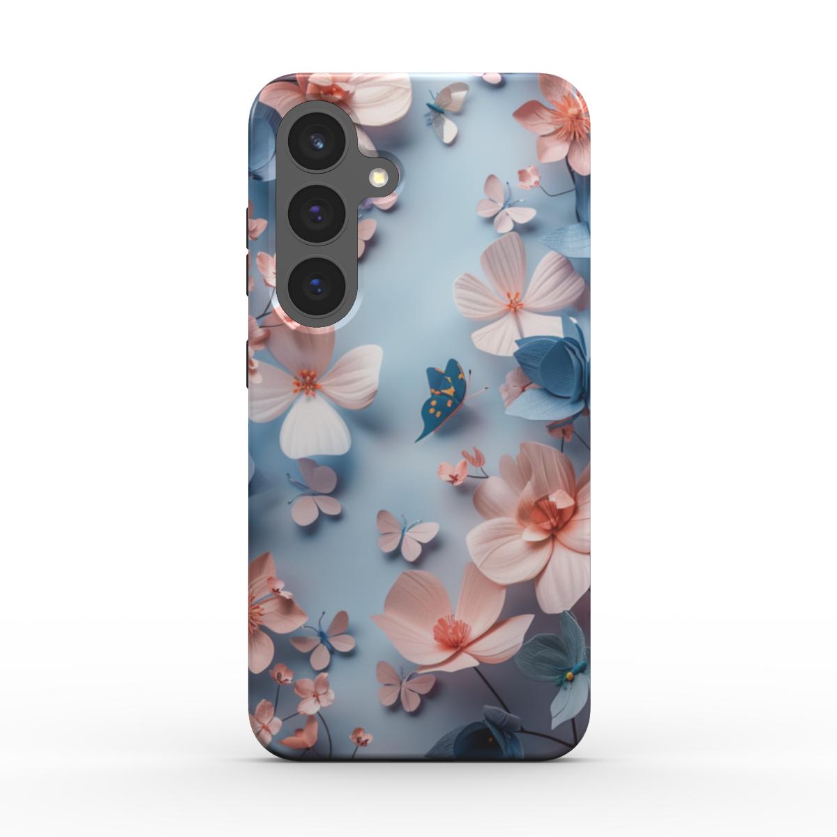 Rückseite der robusten Handyhülle mit zartem Blumenmuster und Schmetterlingen in Blau und Rosa.