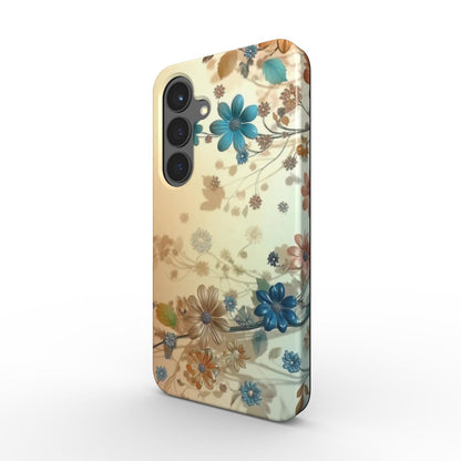 Stoßfeste Handyhülle mit beigem Hintergrund und blauen Blumen – Seitenansicht