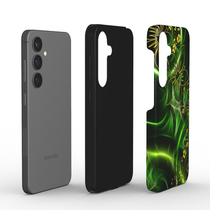 Explosionsdarstellung der Hülle mit Innenkern, Smartphone und grünem Cover-Design