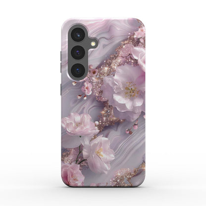 Rosa Blüten Handyhülle mit Glitzerelementen und Marmoroptik – Rückseite frontal abgebildet