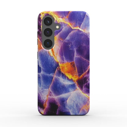 Stoßfeste Handyhülle im lila und blauen Marmor-Look mit orangen Adern