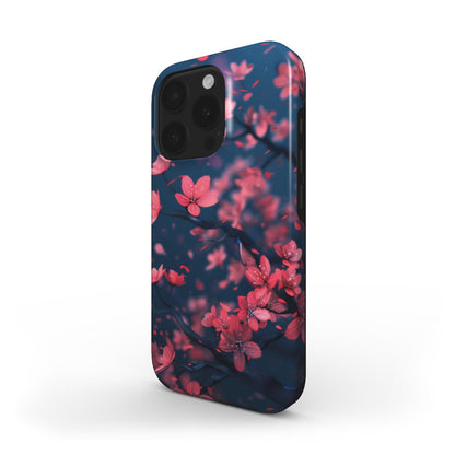 MagSafe Handyhülle mit Kirschblüten-Design in Dunkelblau und Rosa – Vorderansicht