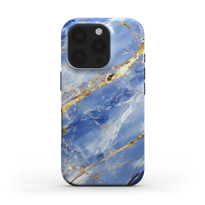 Edle iPhone Hülle im blauen Marmor-Design mit Gold – Rückseite