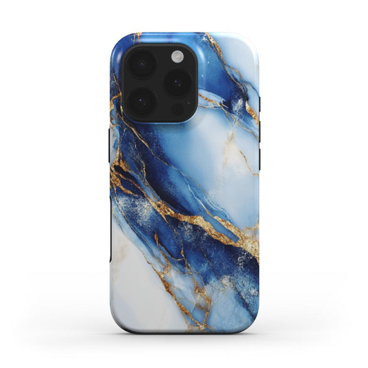 iPhone Hülle mit Marmorstruktur in Blau, Weiß und Gold – Rückseite