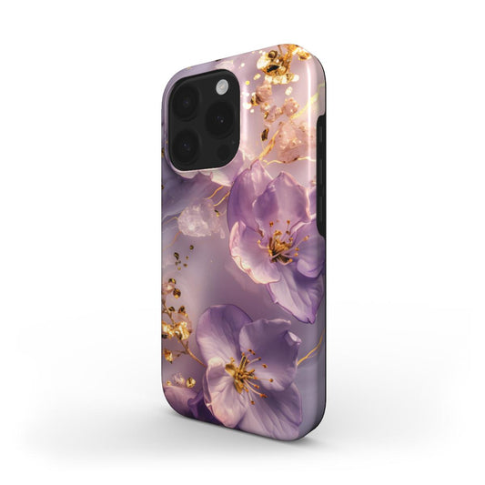 MagSafe Handyhülle mit lila Blumen und Kristalldetails – Seitenansicht