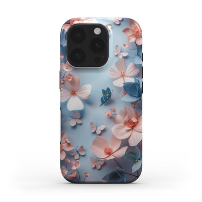 Florale iPhone Hülle mit rosa, blauen Blüten und Schmetterlingen – Rückseite
