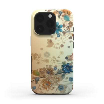 iPhone Hülle mit naturinspiriertem Blumenmuster in Blau und Orange – Rückansicht