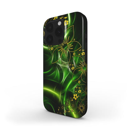 MagSafe Handyhülle mit grün-gelbem Blumenmuster auf schwarzem Hintergrund – Seitenansicht