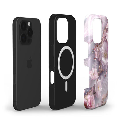 MagSafe Hülle mit doppelter Schutzschicht und rosa Blumen-Marmor Design – Einzelteile und Aufbau