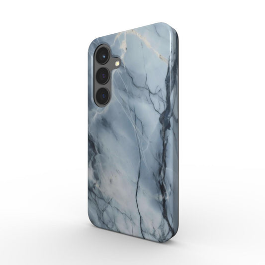 Rückansicht einer stoßfesten Handyhülle mit blau-grauem Marmor-Design auf einem Samsung Smartphone