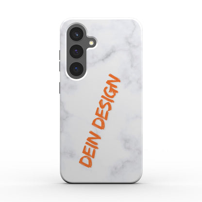 Stoßfeste Handyhülle mit hochgeladenem Design – Rückansicht mit Text "Dein Design"