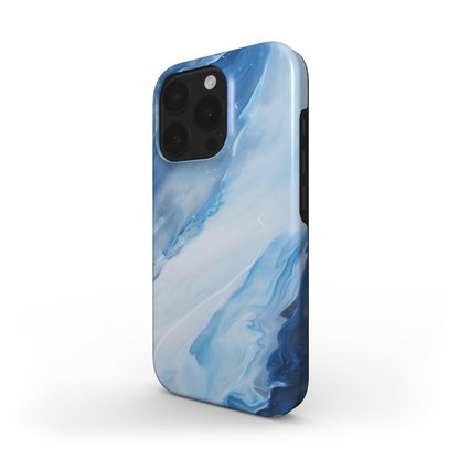 MagSafe Handyhülle in Marmor-Blau – glänzende Seitenansicht mit Kameraschutz