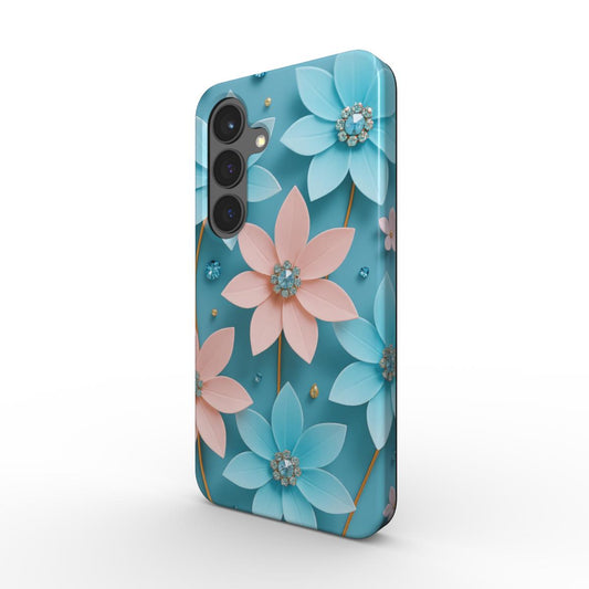Stoßfeste Handyhülle mit rosa und blauen Blumen und Glitzerelementen – Seitenansicht