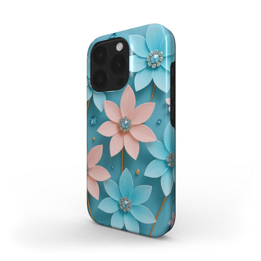 MagSafe Handyhülle mit blau-rosa Blumenmuster – Seitenansicht auf iPhone