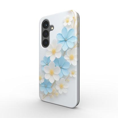 Stoßfeste Handyhülle mit weiß-blauen Blumen – Seitenansicht auf Samsung Galaxy
