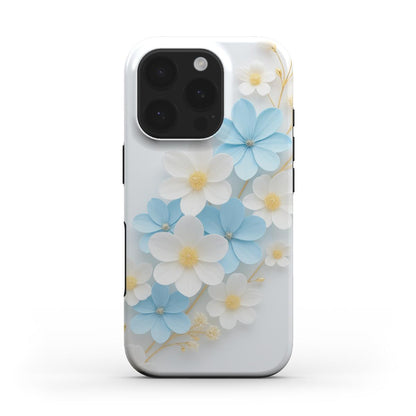 Florales MagSafe Case mit weißen und blauen Blüten – Rückansicht