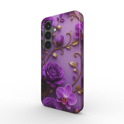 Stoßfeste Handyhülle mit violetten Rosen und Orchideen – Seitenansicht mit floralem Gold-Design