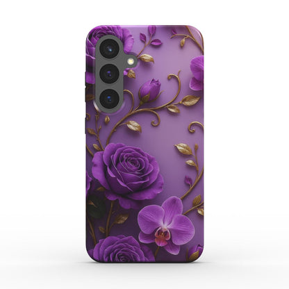 Rückseite der violetten Handyhülle mit 3D-Rosen und goldenen Ornamenten – perfekt für iPhone & Samsung