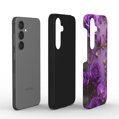  Doppellagige Handyhülle mit TPU-Innenfutter und floraler Außenschale in Violett und Gold