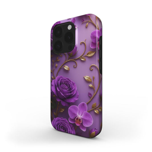 MagSafe Handyhülle mit violetten Rosen und Orchideen auf lila Hintergrund – Seitenansicht
