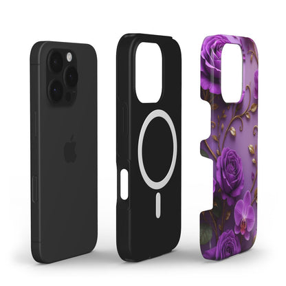 MagSafe-kompatible Hülle mit violettem Blumenmotiv – Aufbau mit Dual-Layer-Design für iPhones