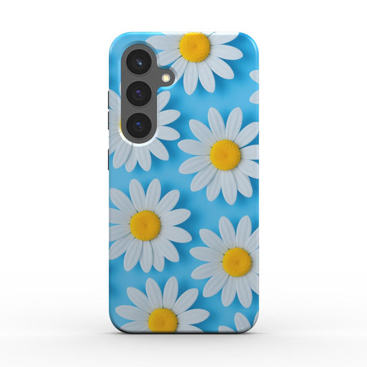 Blumige Handyhülle mit weißen Gänseblümchen auf Blau – Rückansicht für Samsung Smartphones
