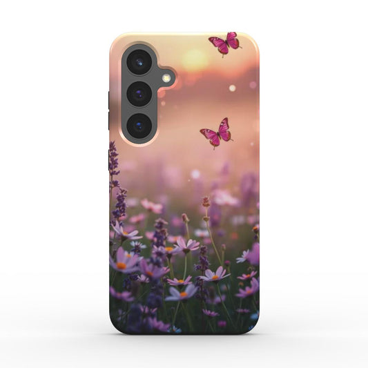 Romantisches Schmetterlings- und Blumen-Design auf stoßfester Handyhülle – Rückansicht