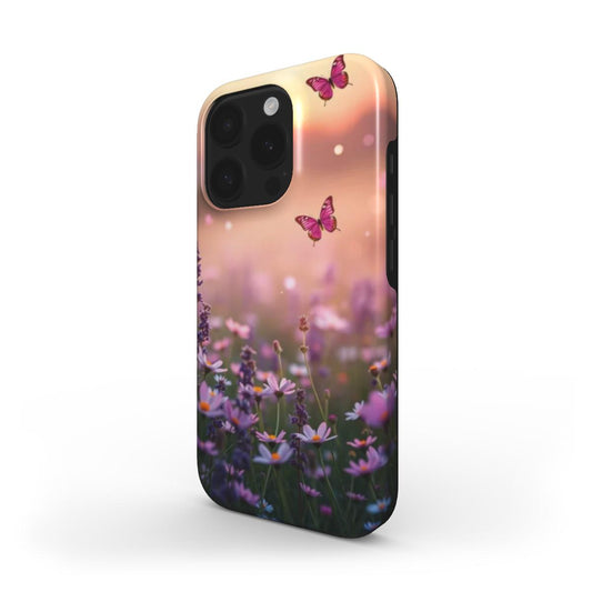 MagSafe Handyhülle mit Blumenwiese und Schmetterlingen bei Sonnenuntergang – linke Perspektive auf iPhone-Modell