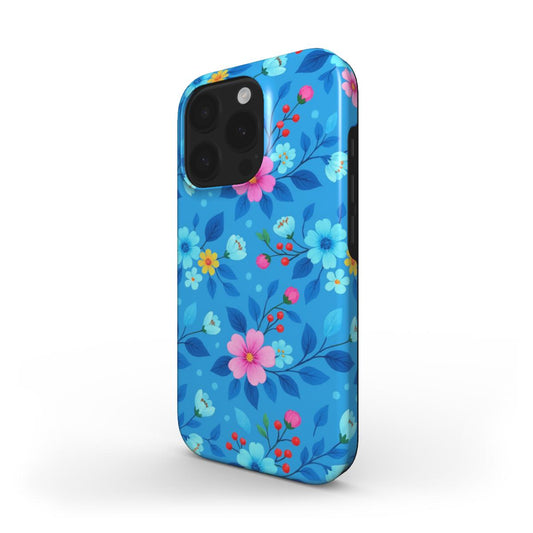 MagSafe Handyhülle mit blauem Blumenmuster – seitliche Ansicht auf iPhone