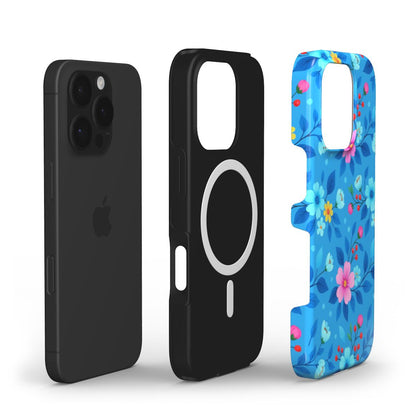 Zweiteilige MagSafe Hülle mit TPU-Innenschale und floraler Außenseite – Explosionsdarstellung am iPhone