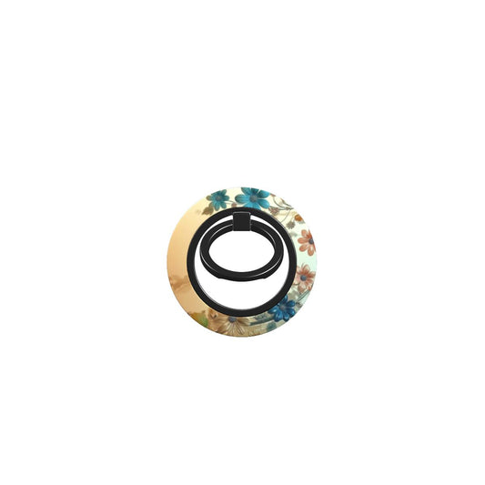 Alt-Text: Magnetischer Ringhalter mit Blumen in Beige, Gold und Blau – Draufsicht