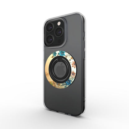 Alt-Text: Seitlicher Blick auf iPhone mit Ringhalter im floralen Design