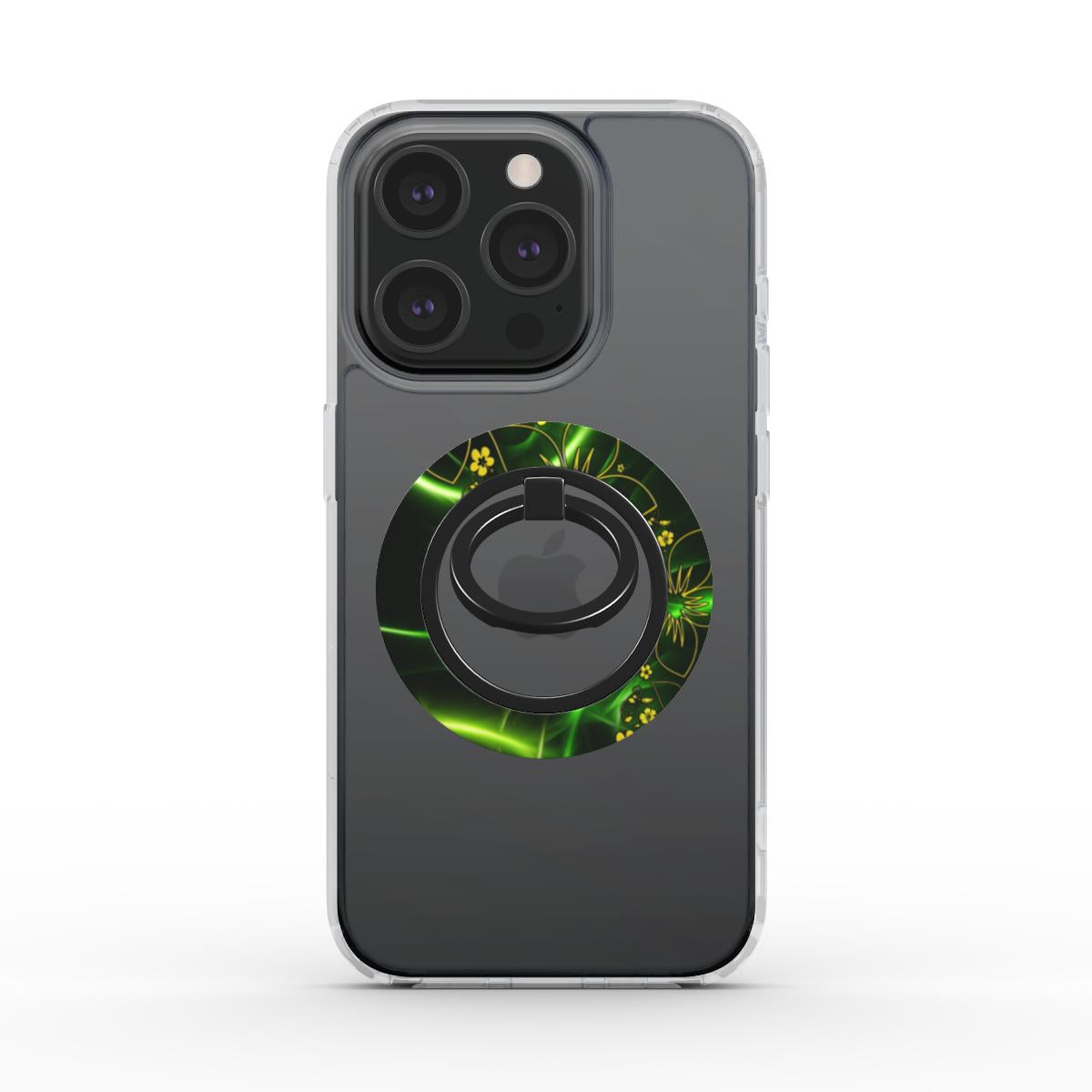 Grün-schwarzer Ringhalter auf iPhone – Rückansicht mit floralem Design