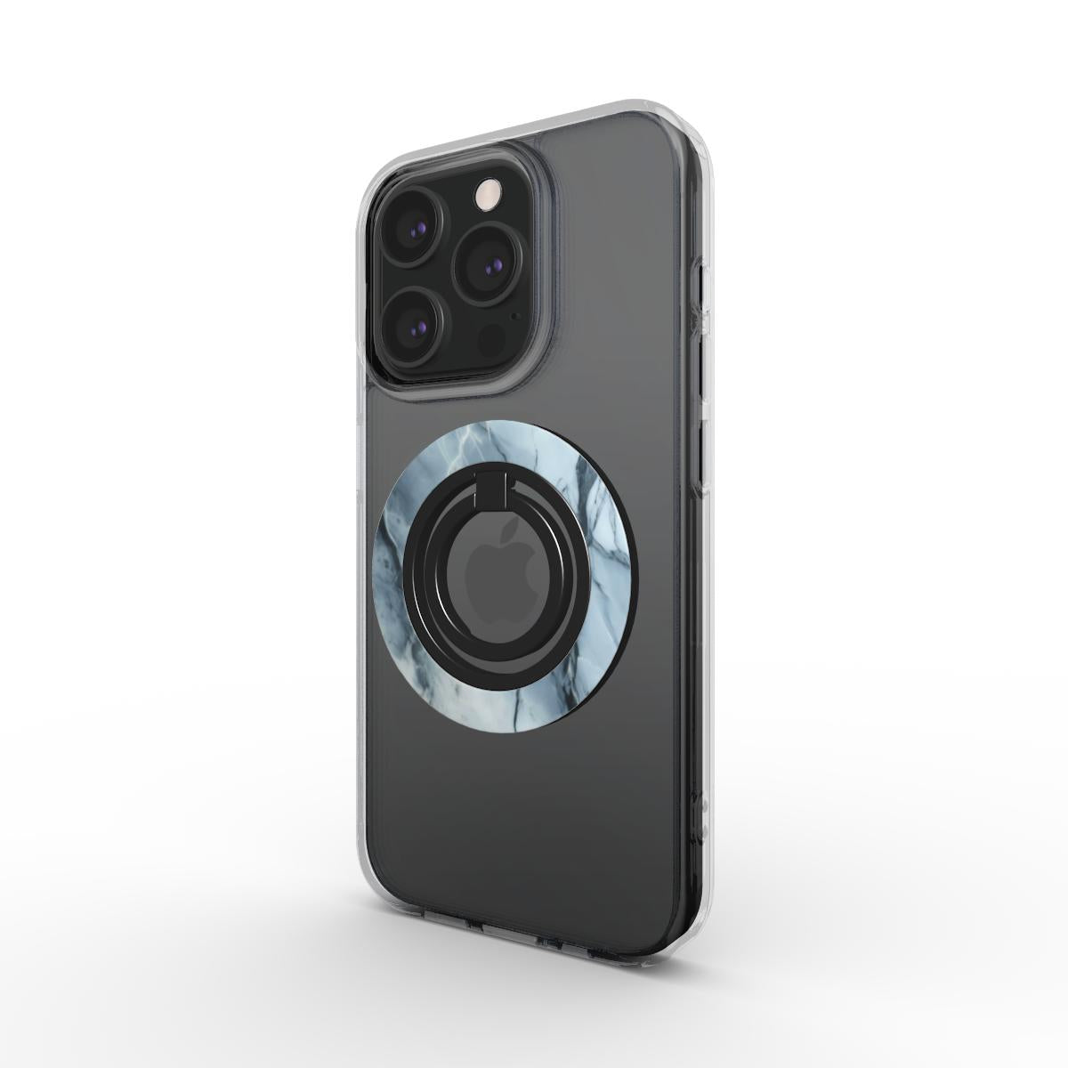 Blau-grauer Marmor-Ringhalter auf dunklem iPhone – Schrägansicht