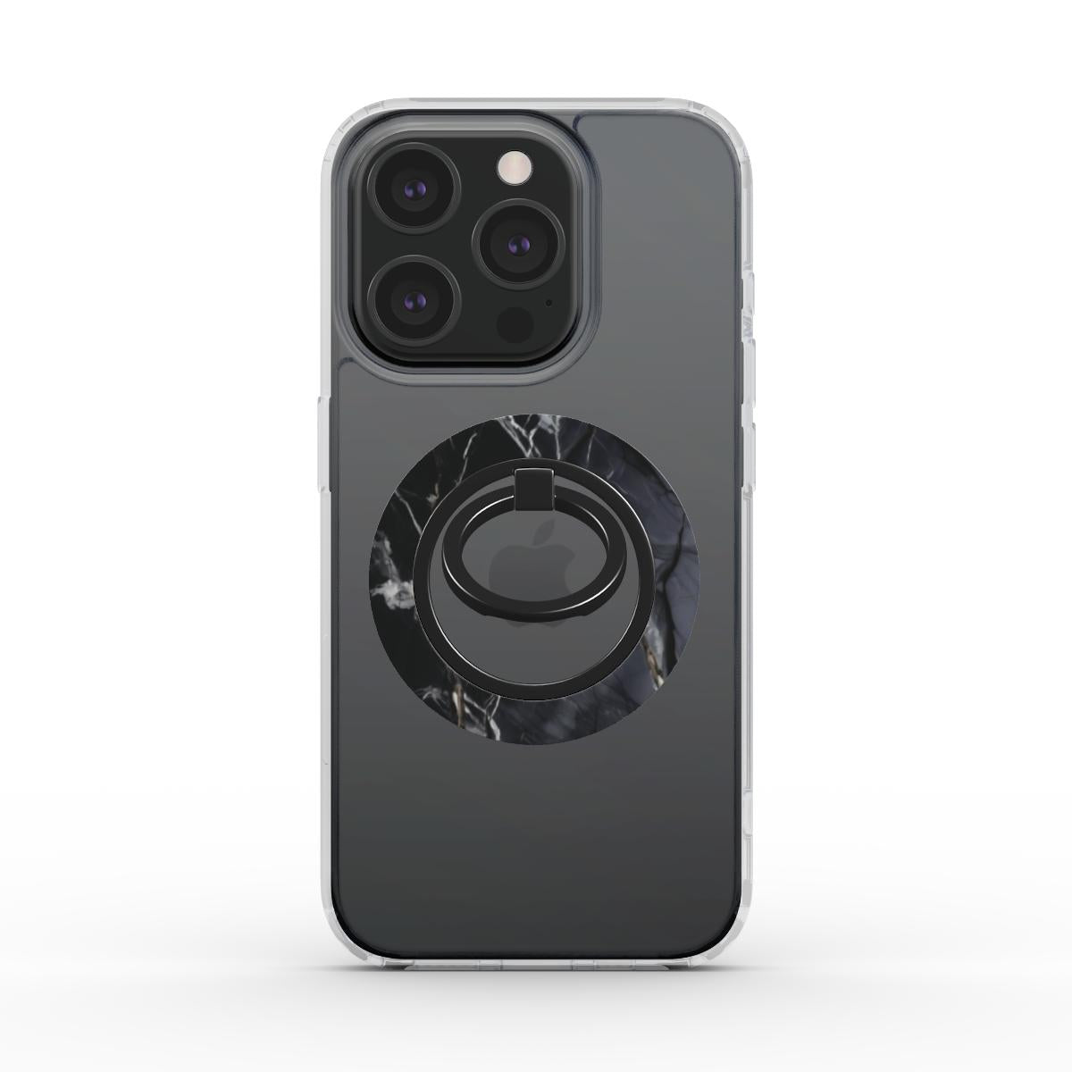 Magnetischer Ringhalter befestigt auf einer transparenten iPhone-Hülle – Rückansicht