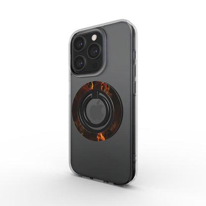 Frontansicht eines iPhones mit durchsichtiger Hülle und dem magnetischen Ringhalter im feurigen Marmor-Design auf der Rückseite. Der Ring ist geschlossen.