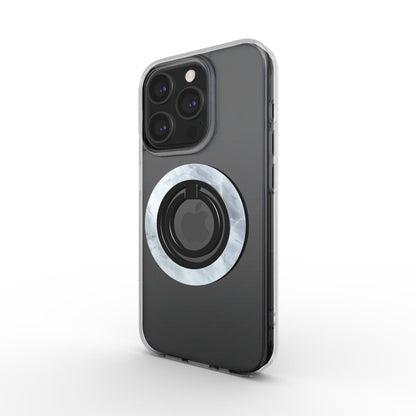 Frontansicht eines iPhones mit durchsichtiger Hülle und dem magnetischen Ringhalter im grauen Marmor-Design auf der Rückseite. Der Ring ist geschlossen.