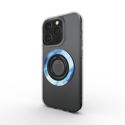 Frontansicht eines iPhones mit durchsichtiger Hülle und dem magnetischen Ringhalter im blauen Marmor-Design auf der Rückseite. Der Ring ist geschlossen.