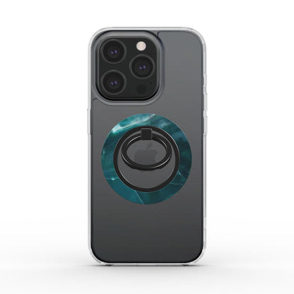 Seitenansicht eines iPhones in einer klaren Hülle mit dem magnetischen Ringhalter im tiefgrünen Marmor-Design.