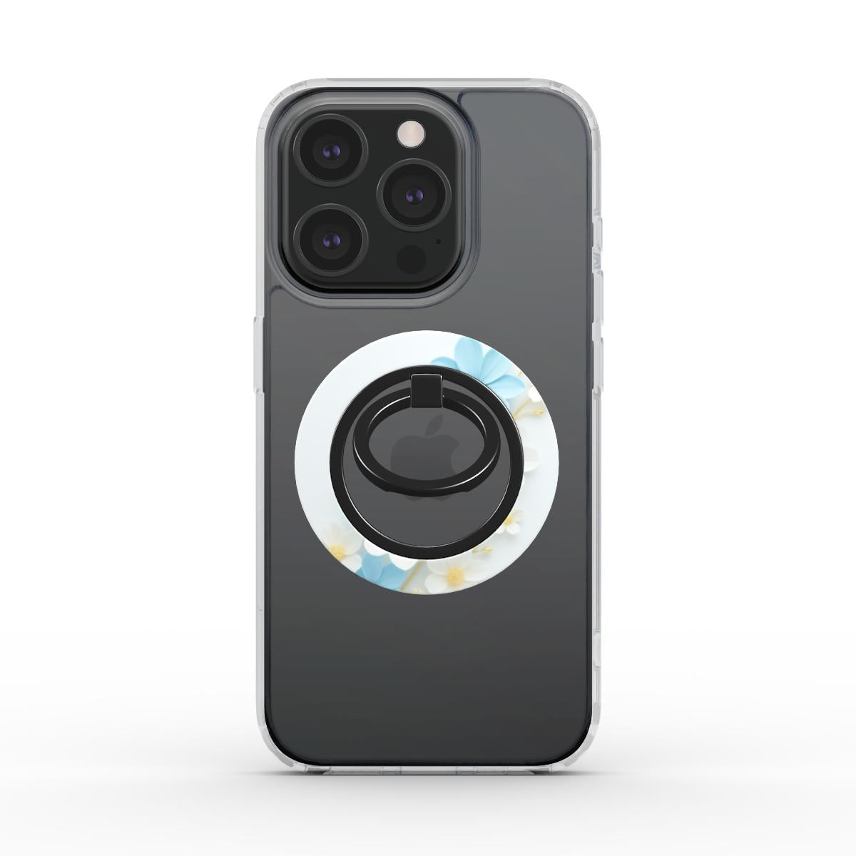 Magnetischer Ringhalter auf iPhone Hülle – frontal, Weiß-Blau Blumen