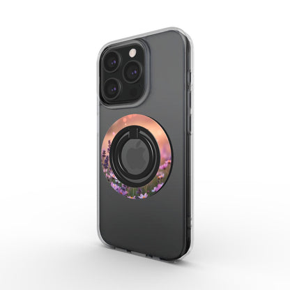 Ringhalter mit Blumenmuster und MagSafe-Funktion auf Handyhülle in Seitenansicht