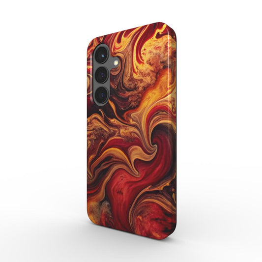 Stoßfeste Handyhülle „Crimson Flame“ – Schrägansicht: Liquid-Flow Design in Rot/Amber, Dual-Layer PC+TPU, glänzender Premium-Druck.