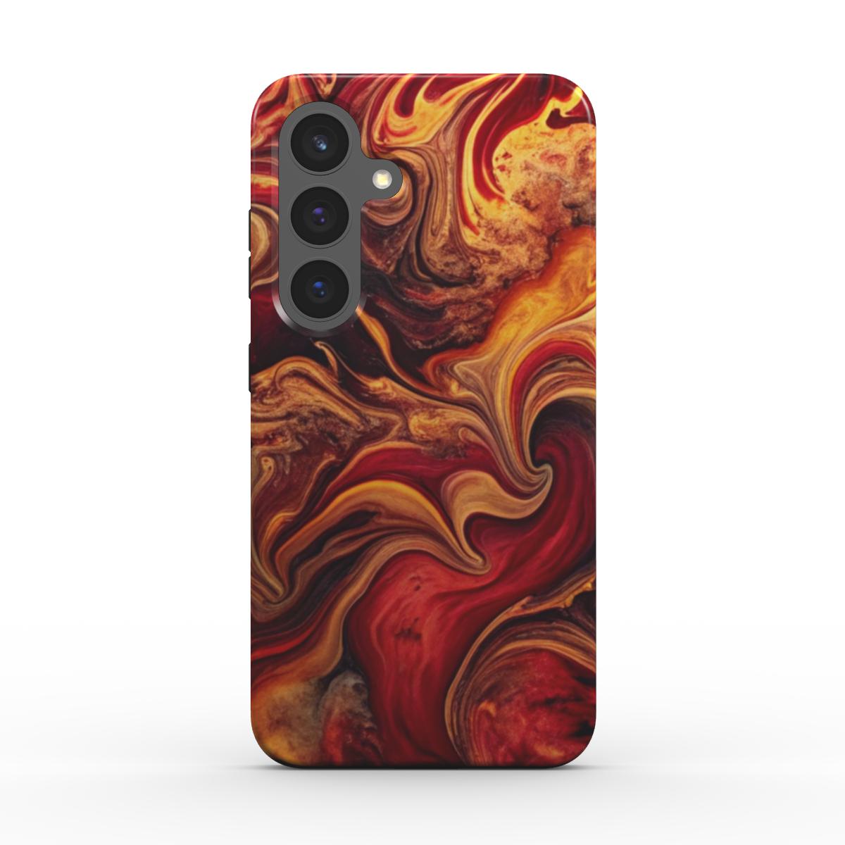 Stoßfeste Handyhülle „Crimson Flame“ – Rückseite: Nahaufnahme des Lava-Marmor-Looks, erhöhte Kamerakante, kratzfeste Oberfläche.