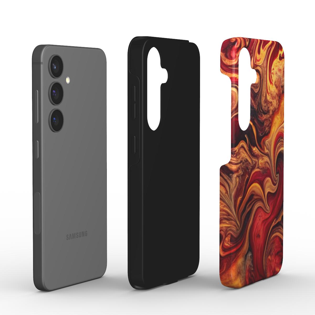 Explosionsansicht Tough Case „Crimson Flame“: Smartphone, TPU-Innenschale und PC-Außenschale getrennt; präzise Aussparungen, stoßdämpfende Konstruktion.