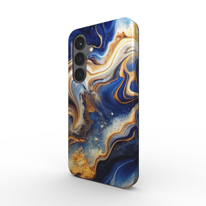 Azure Storm Tough Case – Schrägansicht: Stoßfeste Handyhülle im galaktischen Blau-Gold Liquid Flow Design, Dual-Layer PC+TPU.